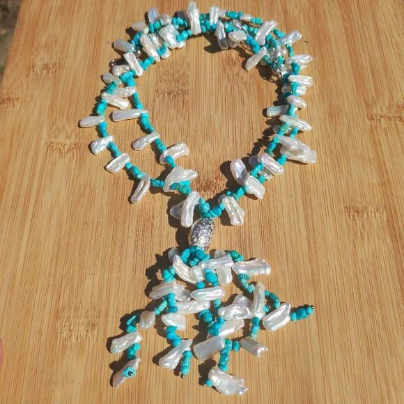 Jay King DTR mine finds Turquoise Keshi Pearl Tassel Necklace 925 Sterling Silve - Picture 1 of 12